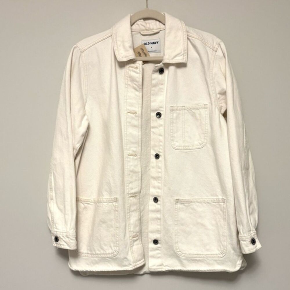 Old Navy White Cream Chore Coat Shacket Button Up Denim Small Oversized